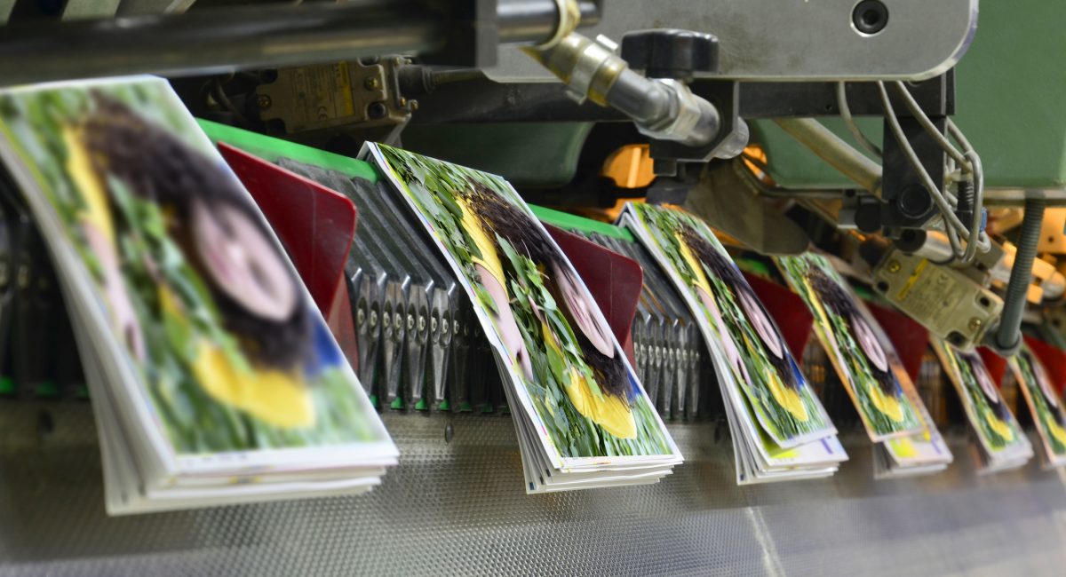 Brochure and magazine stitching process. Close-up of the  offset conveying process of a full-automatic stitching unit.